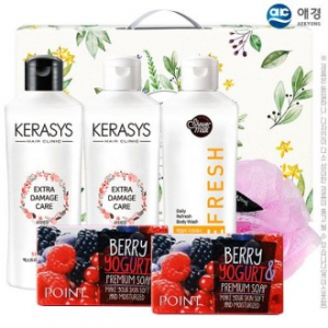 [선물세트] 애경 케라시스 샴푸 180ml 용기 + 케라시스 린스180ml 용기 + 샤워메이트 포인트 베리비누 2P + 샤워볼 (6종)