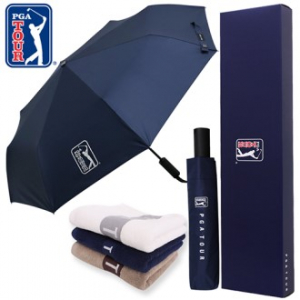 PGA 3단 60 완전 자동 쿨링 암막 우산 + 130g 면사 타올 세트