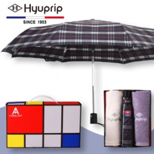 협립 3단 선염체크 완전 자동우산 1P + 코마 호텔타올 2P 세트
