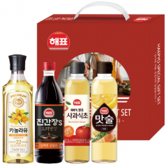 해표 프리미엄 4종 세트 1호 카놀라유 500ml, 사과식초 500ml, 맛술 500ml, 진간장 500ml