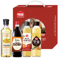 해표 프리미엄 4종 세트 1호 카놀라유 500ml, 사과식초 500ml, 맛술 500ml, 진간장 500ml