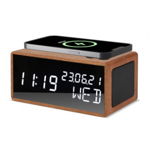 우드쇼 R1501 블루투스 스피커 15W 고속 무선충전 리얼우드 탁상시계 샤빌리 리얼우드