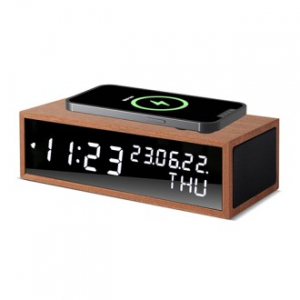 우드쇼 R1503 블루투스 스피커 15W 고속 무선충전 리얼우드 디지털시계 샤빌리리얼우드