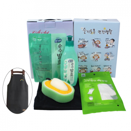 앞치마(방수)+참그린곡물 주방세제 용기 300g+참그린곡물 주방세제 리필 300ml+고무장갑 속장갑++과일수세미 #2