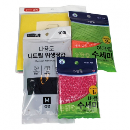 크린랩 수세미 2종+니트릴 장갑 10매+부직포 행주 3매 세트 #2