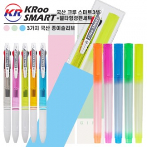 국산 크루 스마트3색볼펜+델타형광펜세트