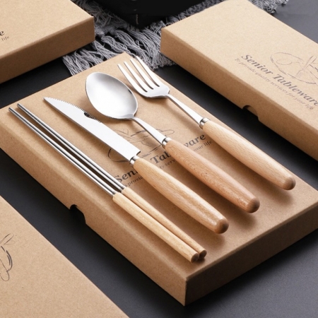 스테인리스 나무 손잡이 식기세트, 수저 포크 젓가락 나이프 우드 세트 선물 심플 행사품 사은품 #2