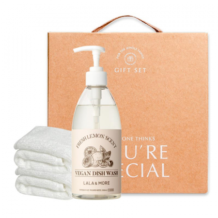 라라생활 포근한 국내생산 순면 주방타올 45g 2개와 비건 상큼 레몬향 주방세제 500ml 1개 선물세트 #3