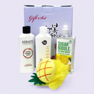 과일 샤워 스펀지 샤워볼 + 케라시스 샴푸 180ml + 샤워메이트 바디워시 180ml + 슈가버블 주방세제 용기 280ml 주방세제 4종세트