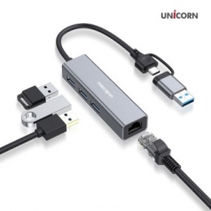 유니콘 A+C타입 100Mbps 3포트 USB멀티허브 유선랜카드 알루미늄 CLAN-200HC
