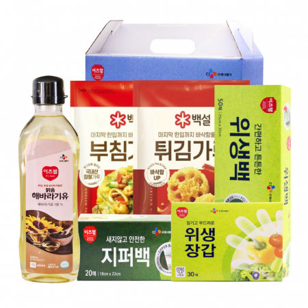 CJ해바라기유, CJ부침가루, CJ튀김가루, CJ위생백(대), CJ위생장갑, CJ지퍼백(소) 6종세트 #2