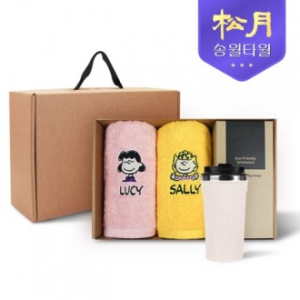 [송월타올] 리빙 기프트세트 9, 스누피 피너츠 타올180g X 2P + 이너프 이중구조 텀블러 530ml 1P