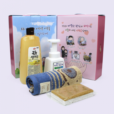 곡물설거지 세제 500g + 아이깨끗해 핸드워시 + 기라로쉬 울리 주방핸드타올 + 코코넛 수세미 4종 #2