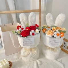 토끼 인형 뜨개 꽃다발 세트 4색(꽃다발+쇼핑백+미니줄전구+카드)