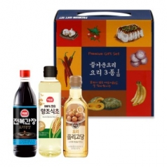 즐거운요리 프리미엄 선물세트 3종, 진간장500ml + 양조식초500ml + 요리 올리고당500g