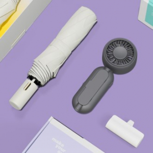 루티네 선물세트 골드버튼 3단 자동 양우산 + 우산애착 미니 선풍기 + 보조배터리