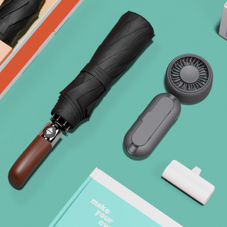 루티네 선물세트 프리미엄 우드 자동 양우산 + 우산애착 미니 선풍기 + 보조배터리 #2