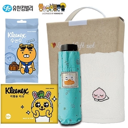 카카오프렌즈 4종세트 카카오세면타올+5단우산+크리넥스 여행용티슈+물티슈 #2