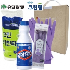 주방용품3종 유한양행 유한락스+키친타올+크린랩 고무장갑중형