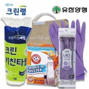 주방선물3종세트 크린키친타올+암앤해머 냉장고탈취제+ 크린랩 고무장갑중형