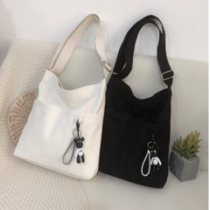 튼튼한 지퍼 에코백 곰돌이 키링 캔버스 가방 학원가방 캔버스백 주머니