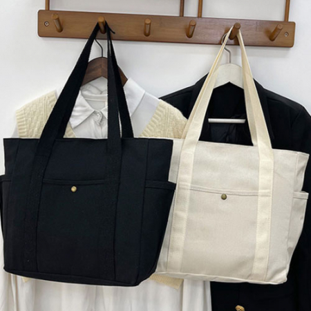 멀티포켓 두꺼운 캔버스 숄더가방 베이지 블랙 #2