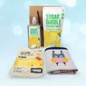 슈가버블 주방세제 용기 + 리필 + 순면 캐릭터 주방타올 + 면코팅고무장갑 + 끈케이스