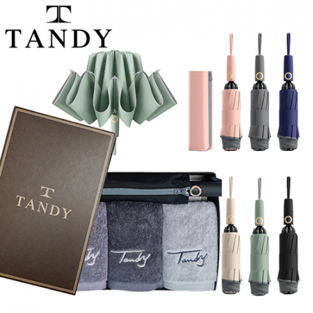 탠디 40수코마사 프리미엄캘리 200g 호텔 세면타월 3매 + 걸작 거꾸로 파우치 10살대 야광안전 3단완전자동우산 세트 #2