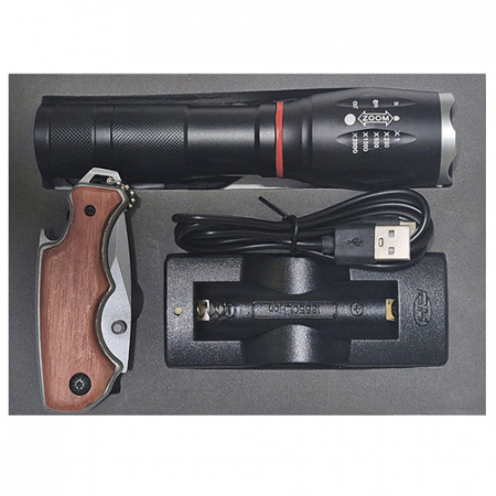 CREE 줌인 C.O.B 충전후레쉬+우드나이프 세트 #2