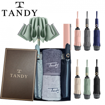 탠디 40수코마사 프리미엄캘리 200g 호텔 세면타월 2매 + 걸작 거꾸로 파우치 10살대 야광안전 3단완전자동우산 2개 세트 #2