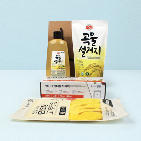 애경 트리오 곡물 주방세제 용기 500ml+리필300ml+ 더블 지퍼백 + 면코팅고무장갑 #2