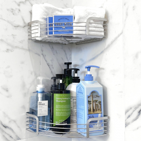 올지 무타공 욕실선반 코너선반 대형 젠다이 화장실 코너 선반 스텐레스 모서리 접착식 #2