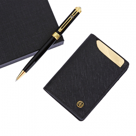 직장인선물 고급 금장 탄생석 블랙 다이아 천연 소가죽 명함지갑 볼펜