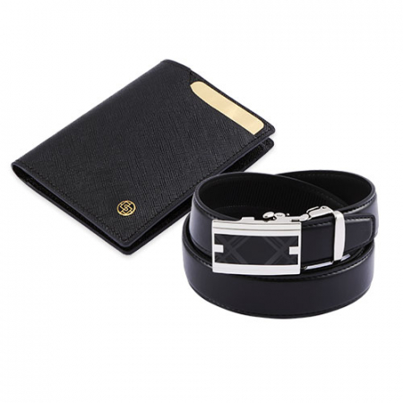 선물세트_메탈 체크 심플한 소가죽 벨트 사피아노 각인 중지갑