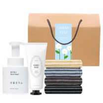 생활공작소 핸드워시 + 핸드크림 + 송월 핸드타올 감사라벨 손잡이 기프트박스 선물세트