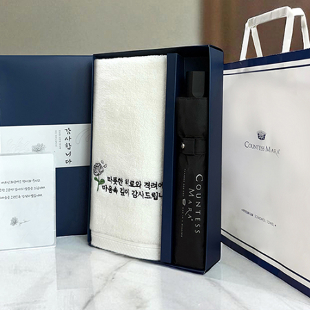 송월 조문답례품 타올우산세트(160g코마40수조문자수타올1+3단폰지우산1)(띠지+감사장)+쇼핑백 #4