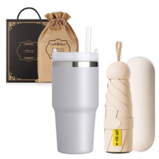 텀블러 600ml 1개 3단 미니우산1개 선물세트  투톤 스트로우 텀블러 이중진공 빨대텀블러