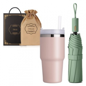 텀블러600ml 1개 3단자동우산1개 세트 투톤 스트로우 텀블러 이중진공 빨대텀블러