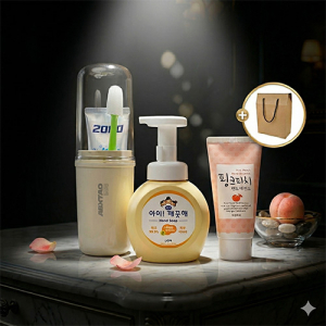 아이깨끗해 핸드워시 250ml+과일나라 핑크피치 핸드크림+2080  퓨어치약+ 미세모칫솔+휴대용 양치컵