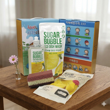 치매홍보물 슈가버블 주방세제 용기+리필 +면코팅고무장갑+양면 떡수세미 (케이스 변경 가능) #2