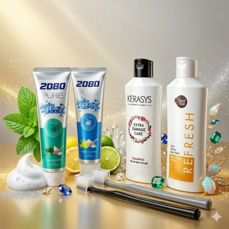 애경 케라시스 샴푸+바디워시 + 2080 퓨어치약2개 민트/레몬라임 + 나드 미세모칫솔2개 #2