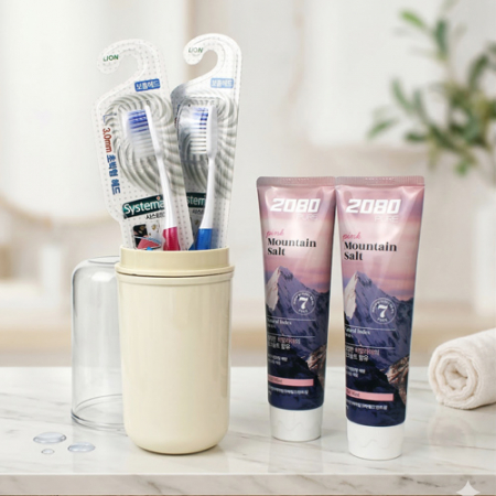 시스테마 초극세모 기능성 치석케어 칫솔 2개 +  애경 2080 핑크솔트 치약 120g 2개 + 휴대용 양치컵 #2