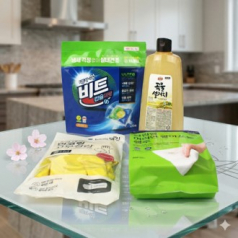 비트 캡슐세제 + 애경 곡물 주방세제 + 크린랩 빨아쓰는 행주 10매입 + 면코팅 고무장갑