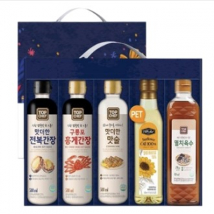 선물세트5종 홍게간장500ml+전북간장500ml+멸치육수410ml+해바라기유500ml+맛술