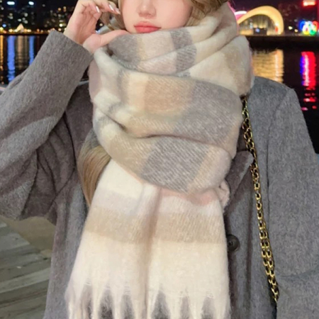 남녀공용 포근한 니트 목도리 빅사이즈 롱 와이드 소프트 캐시 체크 머플러 넥워머 #4