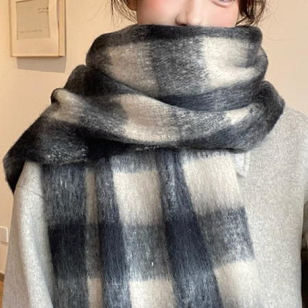 남녀공용 포근한 니트 목도리 빅사이즈 롱 와이드 소프트 캐시 체크 머플러 넥워머 #6