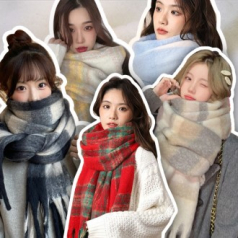 남녀공용 포근한 니트 목도리 빅사이즈 롱 와이드 소프트 캐시 체크 머플러 넥워머