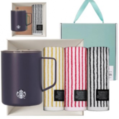 스타벅스 SS 블랙 매트 데비 텀블러 473ml + 오뷔송 뱀부스트라이프  180g 호텔 수건 타올