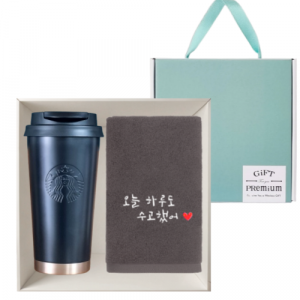 스타벅스 SS 블랙 매트 엘마 텀블러 473ml + 오수 영신타올 호텔수건 선물세트