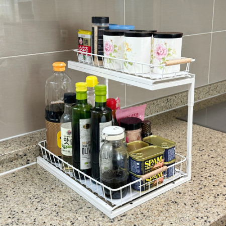 올지 와이드 슬라이딩 주방선반 레일 양념통 싱크대 하부장 정리 선반 철제 #7
